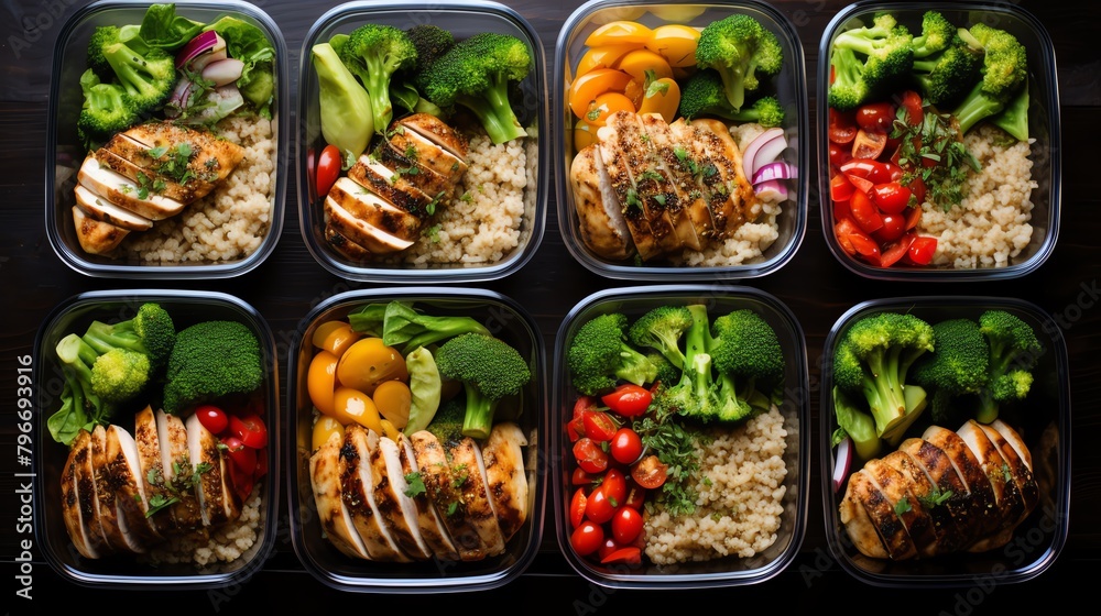 Organized meal prep containers filled with grilled chicken, brown rice, and steamed vegetables, lined up for a week's healthy eating plan. Organized meal prep containers filled with grilled chicken, brown rice, and steamed vegetables, lined up for a week's healthy eating plan.