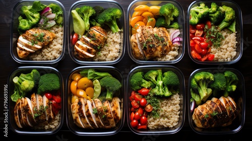 Organized meal prep containers filled with grilled chicken, brown rice, and steamed vegetables, lined up for a week's healthy eating plan.