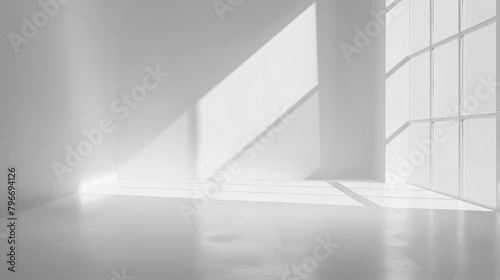 A large, empty room with a window that lets in sunlight photo