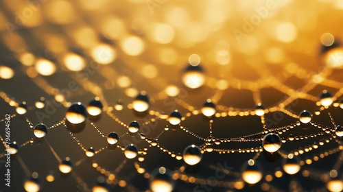 Artistic view of water droplets clinging to a spider web, illuminated by morning light, highlighting intricate patterns and reflections.