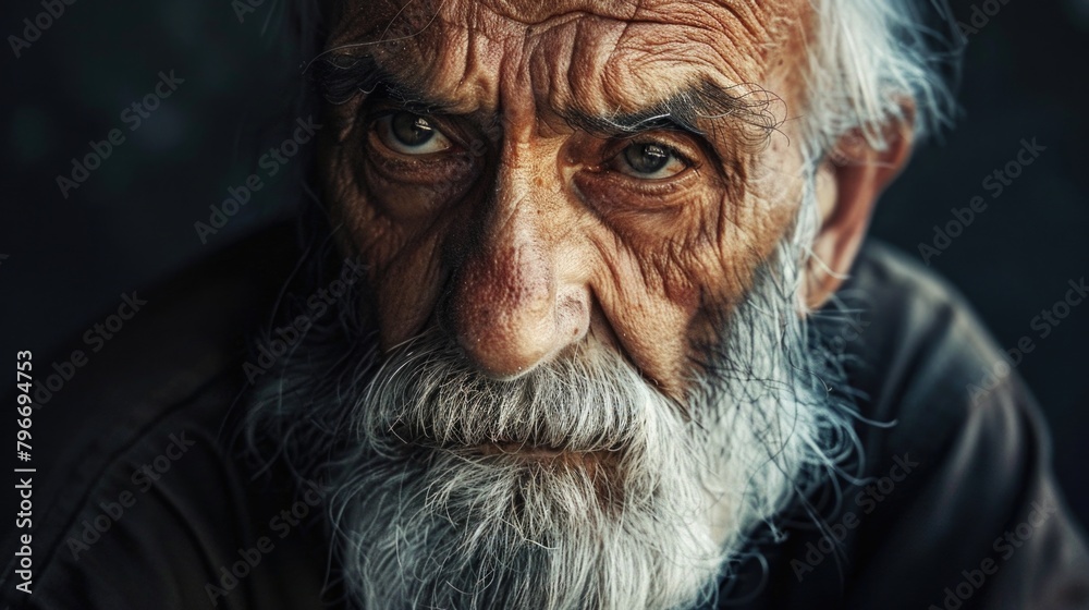 A man with a beard and gray hair is staring at the camera A man with a beard and gray hair is staring at the camera