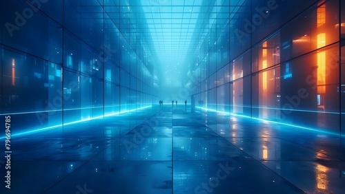 Futuristic cyberpunk urban alley with blue light modern buildings and no people. Concept Cyberpunk, Urban, Blue Light, Modern Buildings, Alley photo