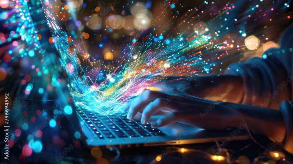 A person is typing on a laptop with a colorful, glowing background A person is typing on a laptop with a colorful, glowing background