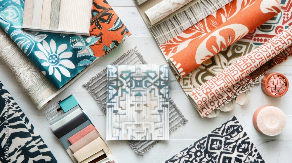 Fototapeta premium A collection of colorful fabric swatches and a book with a blue cover