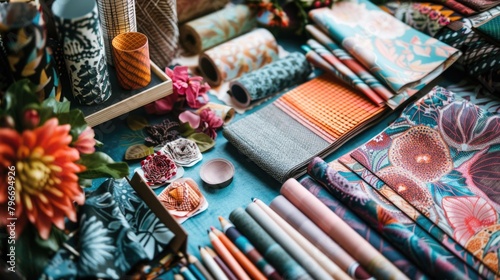 A table with a variety of colorful fabrics and a few items like scissors