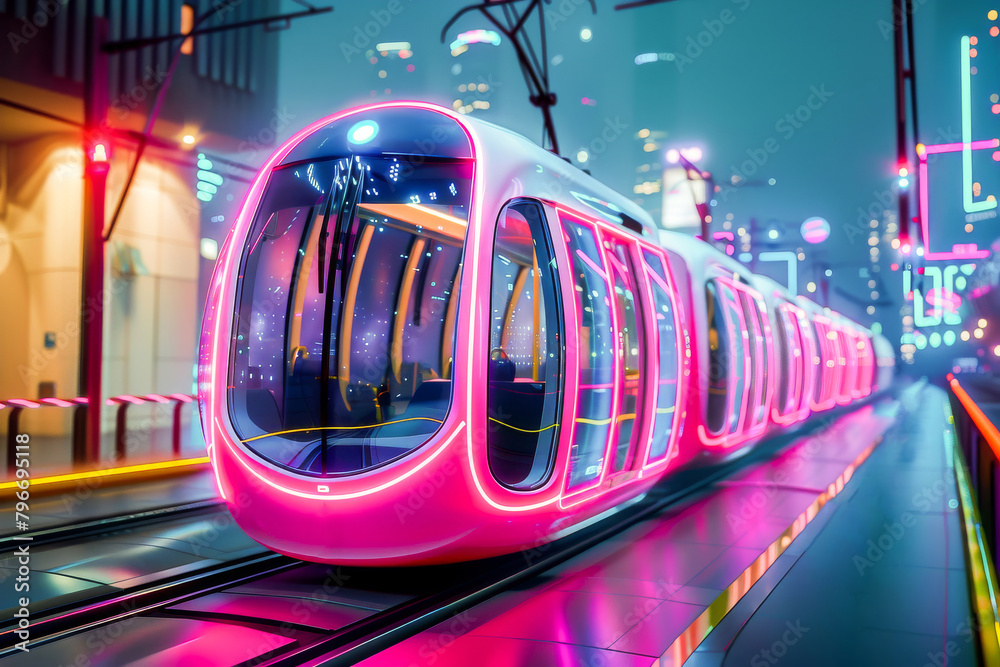 Futuristic train with neon illumination moving through a modern cityscape at night, reflecting the concept of high-speed urban transportation.