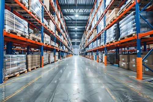 Warehouse interior with organized shelves and pallet storage for modern logistics solutions. Concept Warehouse Organization, Pallet Storage, Logistics Solutions, Shelving Systems, Modern Warehouse