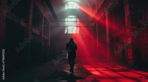 A man walks through a dark, empty hallway with red lighting © Hope