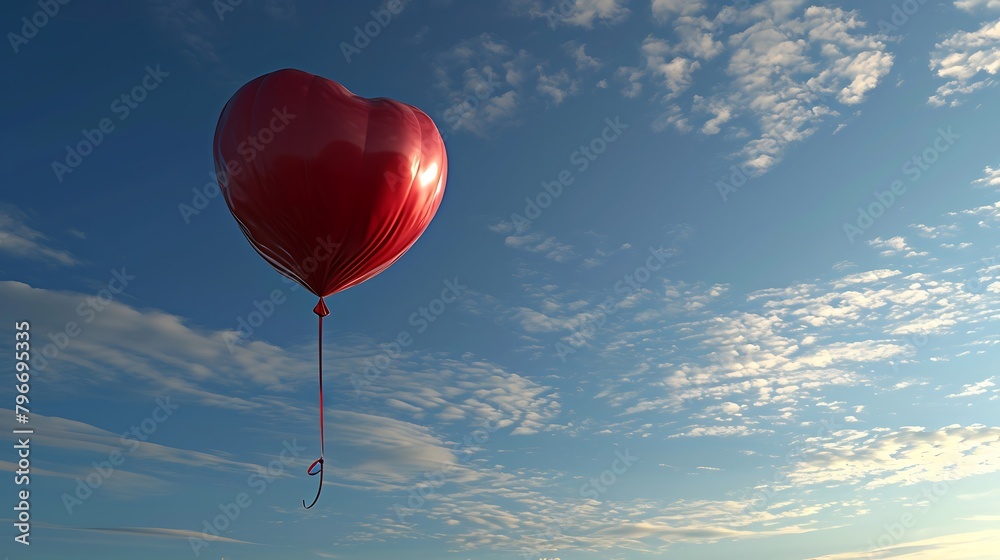 Fototapeta premium A Heart-Shaped Helium Balloon Flying High in the Sky: Symbolizing Love and Freedom on a Clear Day
