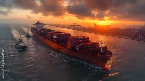 A fully loaded container ship approaching port with a tugboat assisting. Concept Maritime Transportation, Port Operations, Container Shipping, Tugboat Assistance, Industrial Logistics