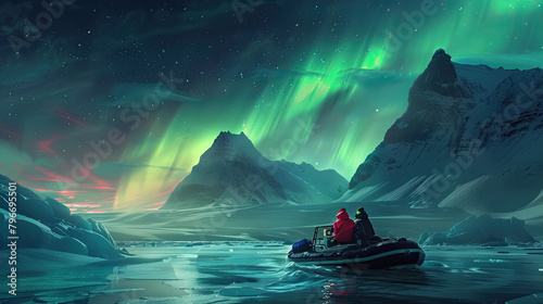 a marine ecologists a man and woman on an expedition in the arctic ocean, the northern lights photo