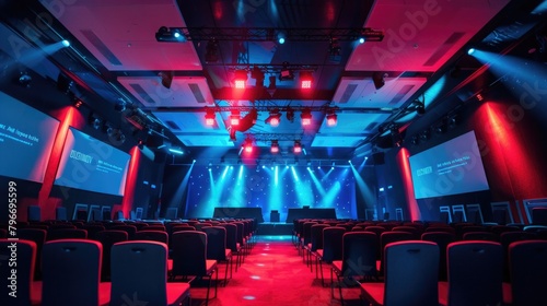 A large auditorium with red and blue lights and a stage