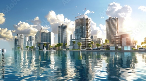 A city skyline with a large body of water in the background photo