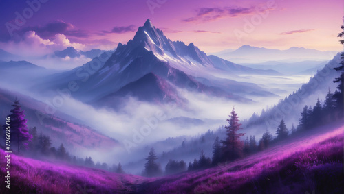 Veiled Violet Vista, Landscape with Fog in Vivid Violet, Adding an Air of Mystery to a Mountain Vista.
