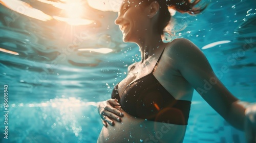 A woman is swimming in a pool with her belly showing