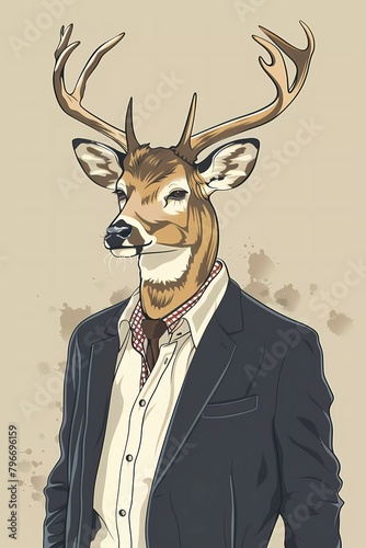 Deer with human body wearing jacket. Vector illustration. Hipsters. Clothing and accessories. A man in a business suit.