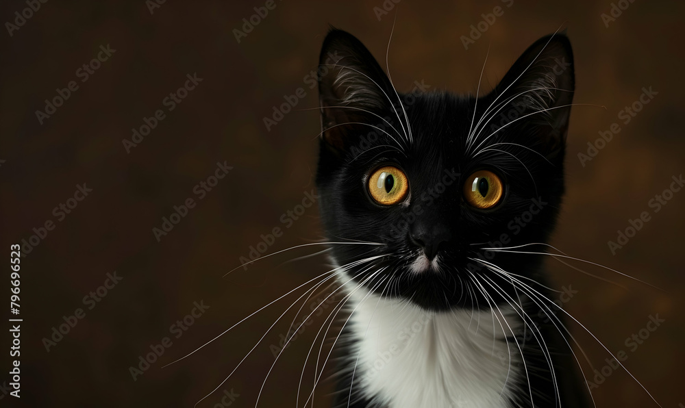 A black and white cat with yellow eyes is looking at the camera against a dark brown background