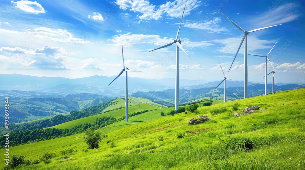 A group of wind turbines are on a hillside in a green field A group of wind turbines are on a hillside in a green field