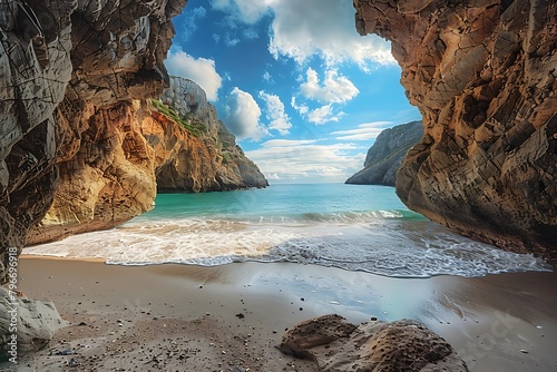 A secluded beach cove, kissed by the gentle lapping of azure waves against golden sands, framed by towering cliffs