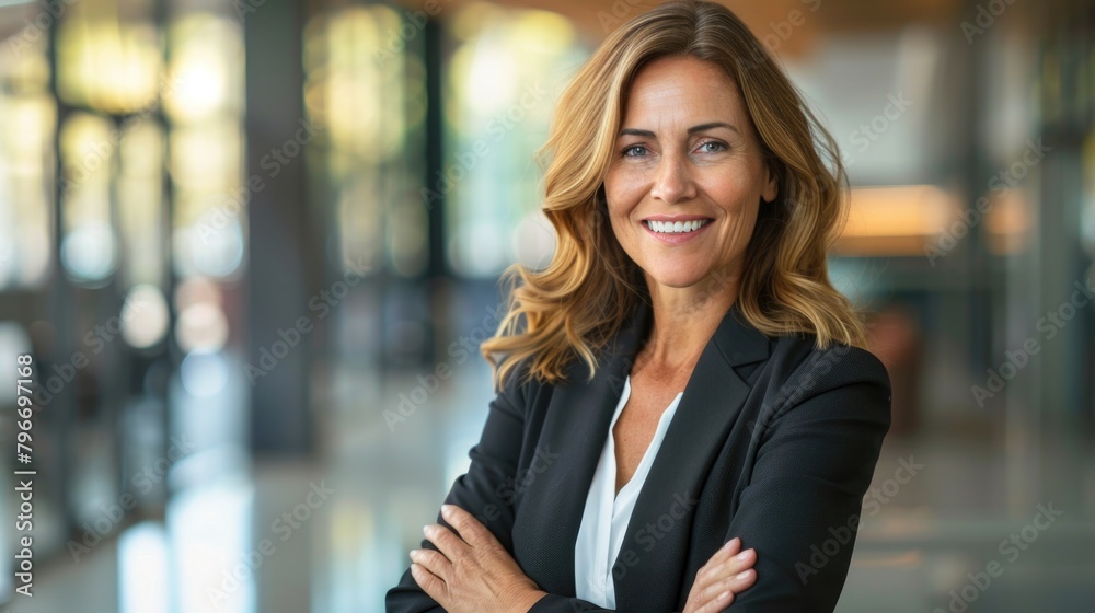 A woman in a business suit is smiling and looking directly at the camera