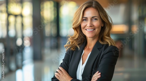 Obraz na płótnie A woman in a business suit is smiling and looking directly at the camera w salonie