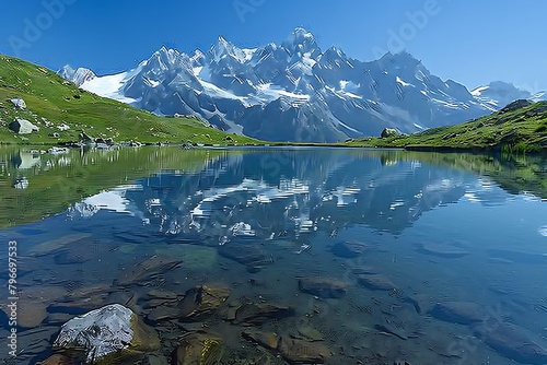 A serene alpine lake  nestled among snow-capped peaks  its crystalline waters reflecting the majesty of the surrounding mountains