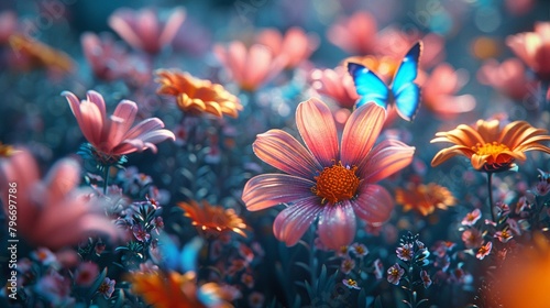 Craft a whimsical 3D scene featuring colorful flowers blooming and transforming into vibrant butterflies