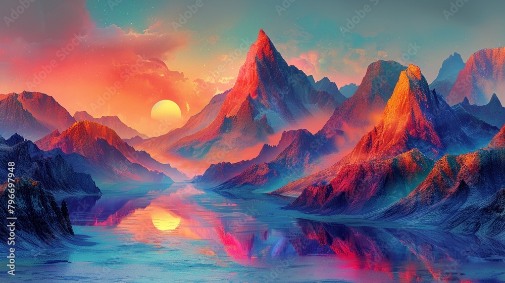 Design a vibrant digital illustration depicting a surreal landscape where colorful geometric shapes and patterns intersect and overlap