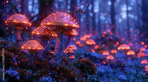 Design an enchanted forest setting with mystical glowing mushrooms and sparkling fireflies where the mood shifts dynamically based on the viewers interactions