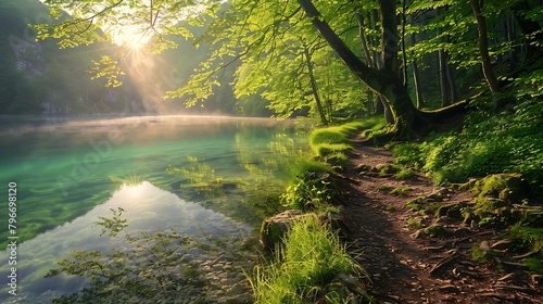 Picturesque morning in plitvice national park colorful spring scene of green forest with pure water lake photo