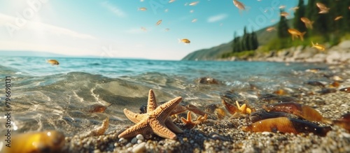 starfish that are carried by the current towards the beach with a beautiful beach view in the background. summer Vacation concept