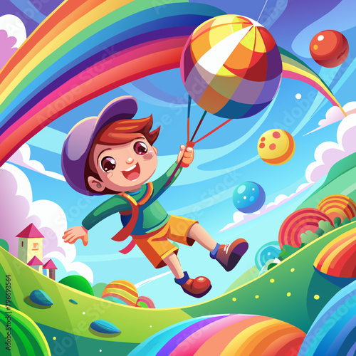 Boy throwing balls using a rainbow parachute