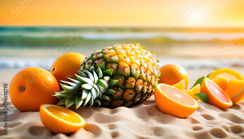 tropical fruit bowl with pineapples  oranges  and ice on a sunny beach with clear blue skies and white sand