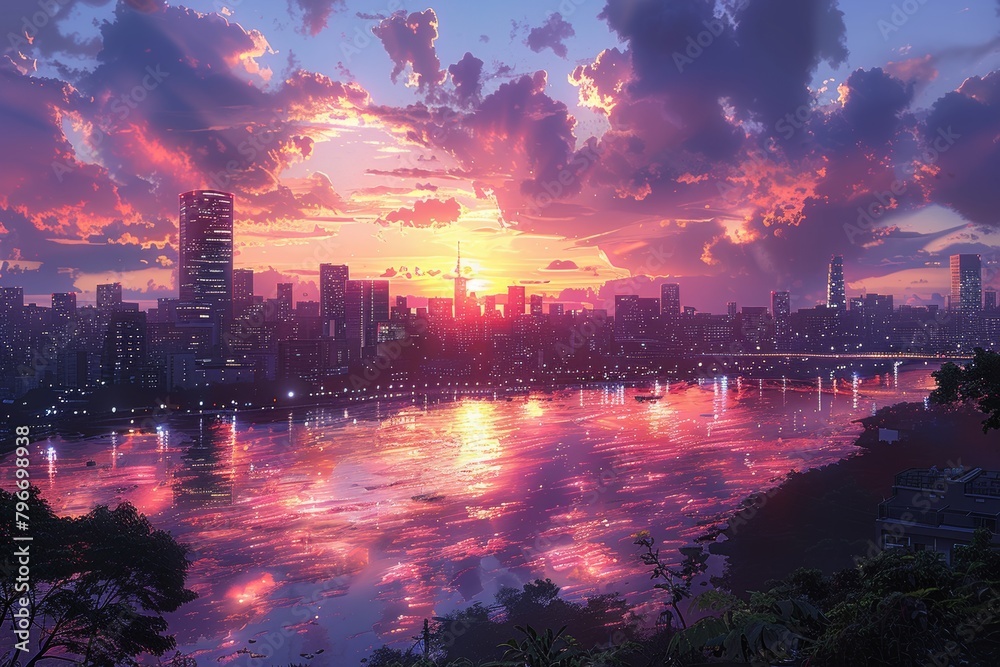 Majestic Sunset Over City and River