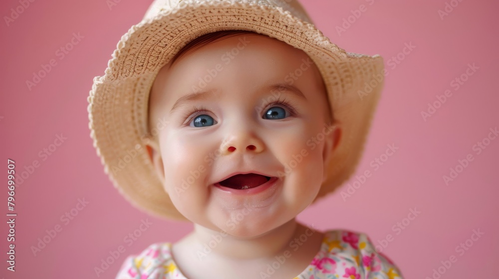 Sweet baby in lively attire, captivating the viewer with a charming smile against a soft pastel backdrop Sweet baby in lively attire, captivating the viewer with a charming smile against a soft pastel backdrop