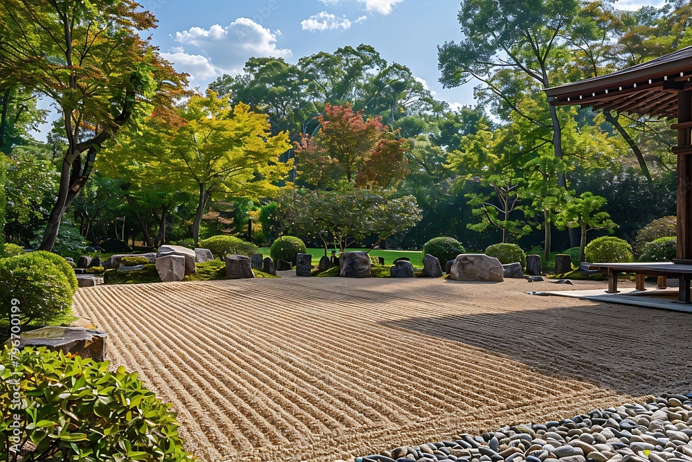 A serene Zen garden, where meticulously raked gravel and carefully placed stones create a sense of harmony and balance