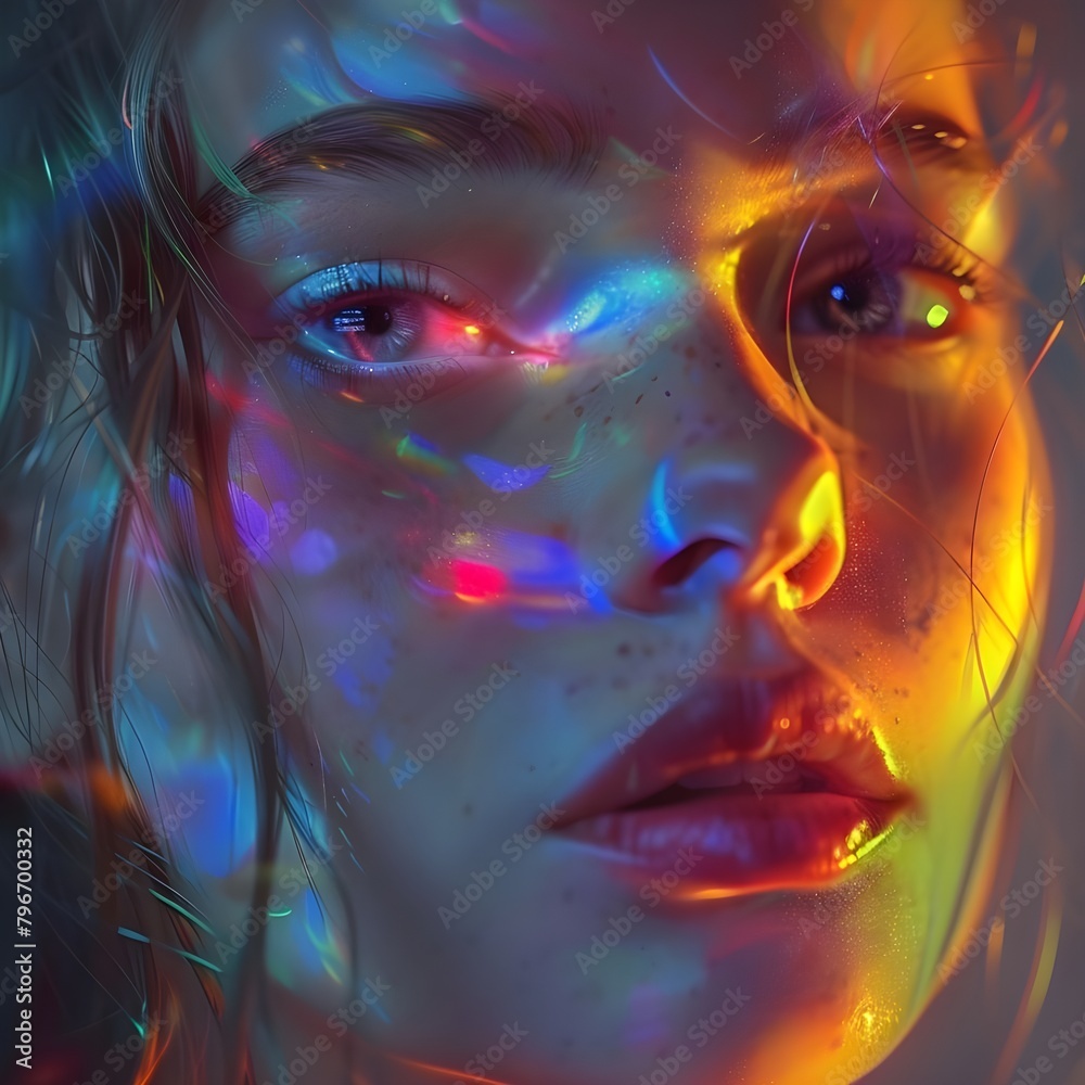 An artistic depiction of a woman with radiant lights illuminating her face, adding a burst of colors