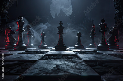 A dark chessboard with pieces that look like black knights, set against an ominous background photo