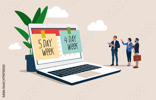 4 or 5 Day Work Week. Reduce working day to efficiency and productivity. Flat vector illustration.