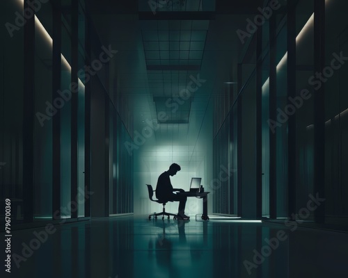 A man is sitting at a desk in a dark room. He is using a laptop computer. The room is dimly lit, and the man is focused on his work. Scene is serious and focused