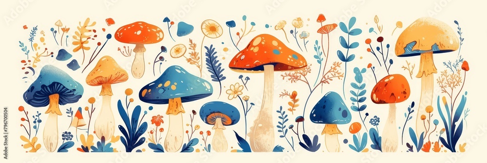 Mushrooms, toadstools and various forest plants. Colorful graphic design elements.