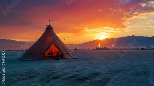 As the sun sets on the infamous Burning Man festival a tent comes alive with flickering lights and the sounds of laughter and celebration. In the distance the signature symbol of the . photo