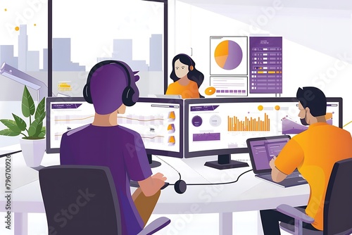 a digital illustration of a modern office environment with three people working at their desks.