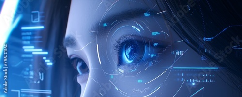 Businesswoman using facial biometric scanning technology for security and access control in an office setting, with digital holographic icons 