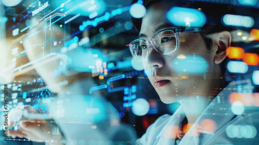 Asian man wearing glasses is looking at a computer screen with a lot of blue Asian man wearing glasses is looking at a computer screen with a lot of blue