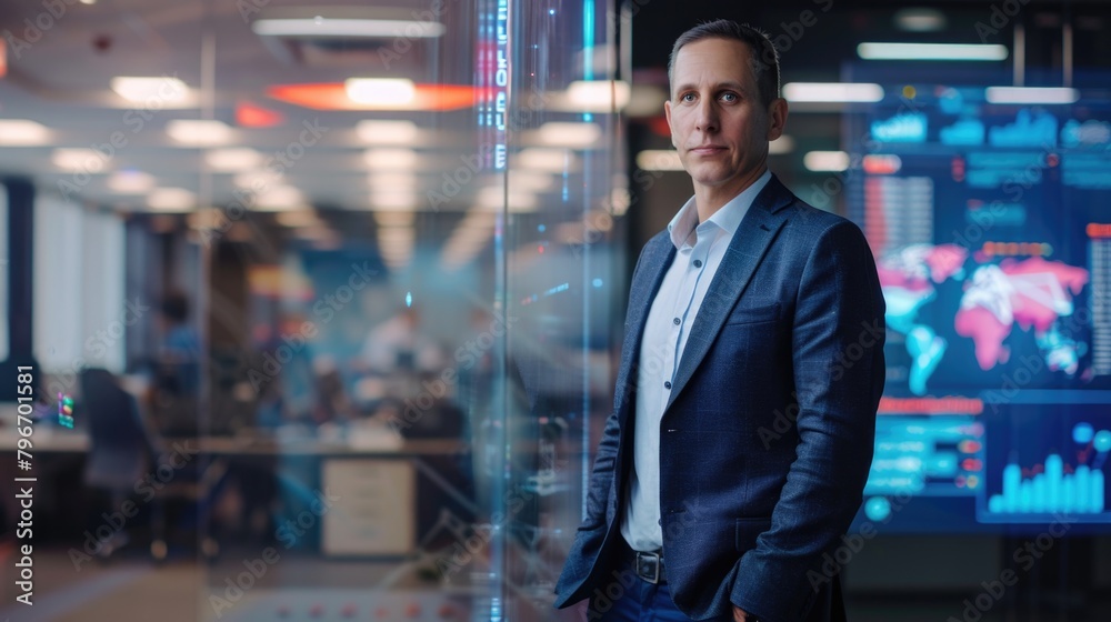 Mature business man CEO specialist in blue suit stands closed arms in front of a large screen with a map on it Mature business man CEO specialist in blue suit stands closed arms in front of a large screen with a map on it
