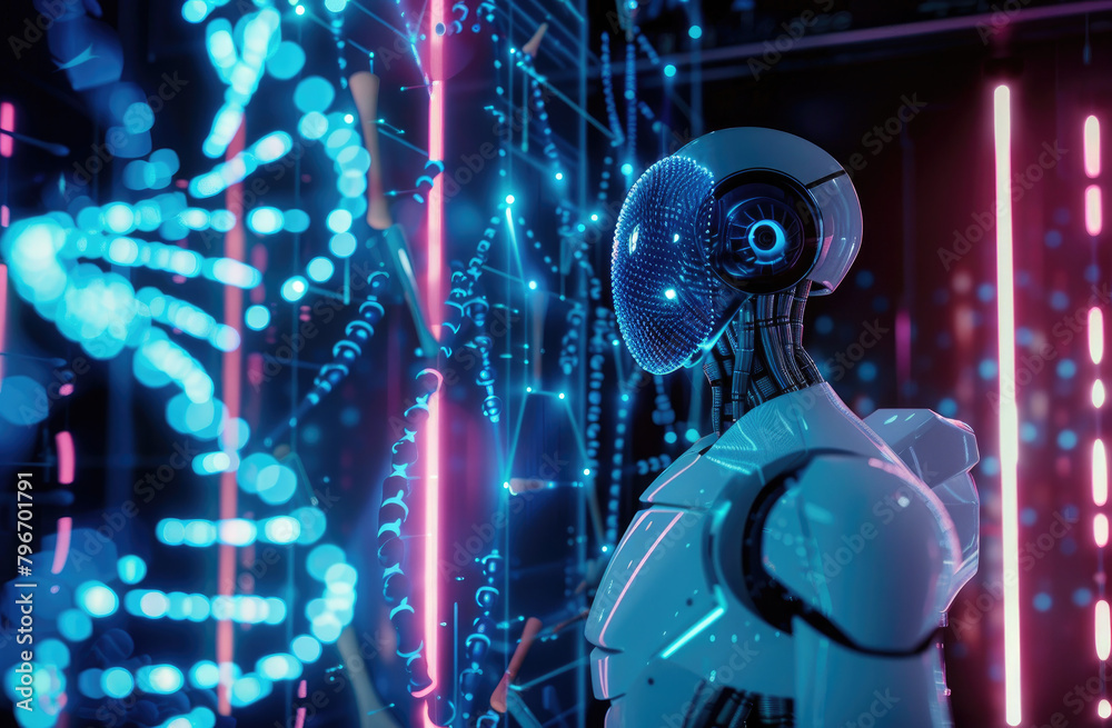 a cinematic shot of an AI robot looking at DNA double helix, futuristic and hightech environment with blue lights and holograms