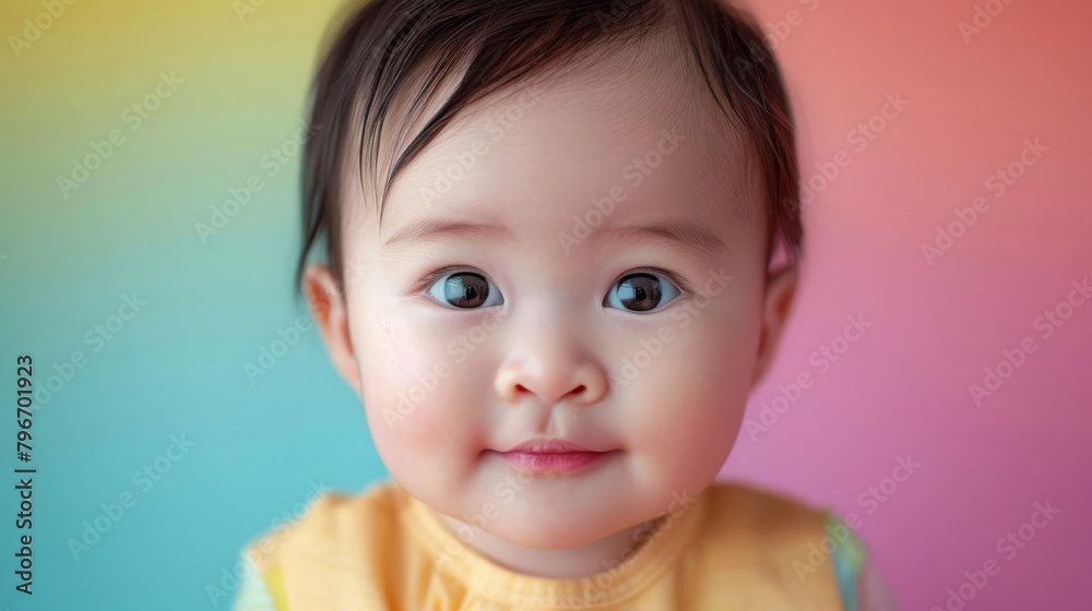 Captivating portrait of an Asian infant in colorful clothing against a calm pastel background