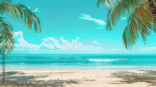 A beautiful beach scene with palm trees and a blue ocean © Hope