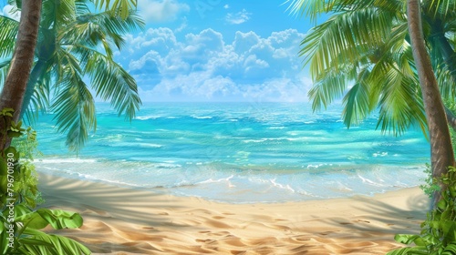 A beautiful beach scene with palm trees and a blue ocean